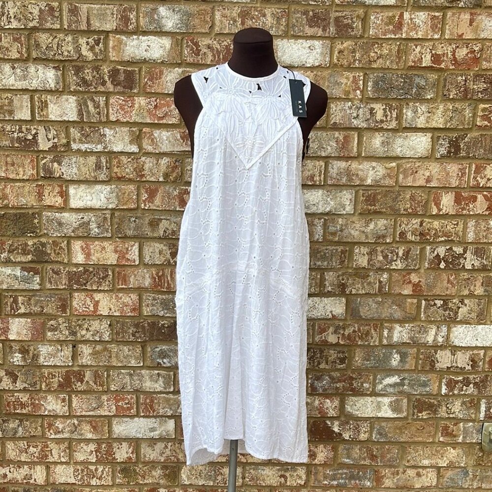 NWT KAS New York White Eyelet Lace Halter Neck Women's Sleeveless Dress Sz. XS